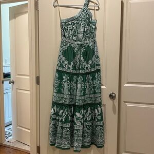 Farm Rio Elegant Green and White One-Shoulder Dress